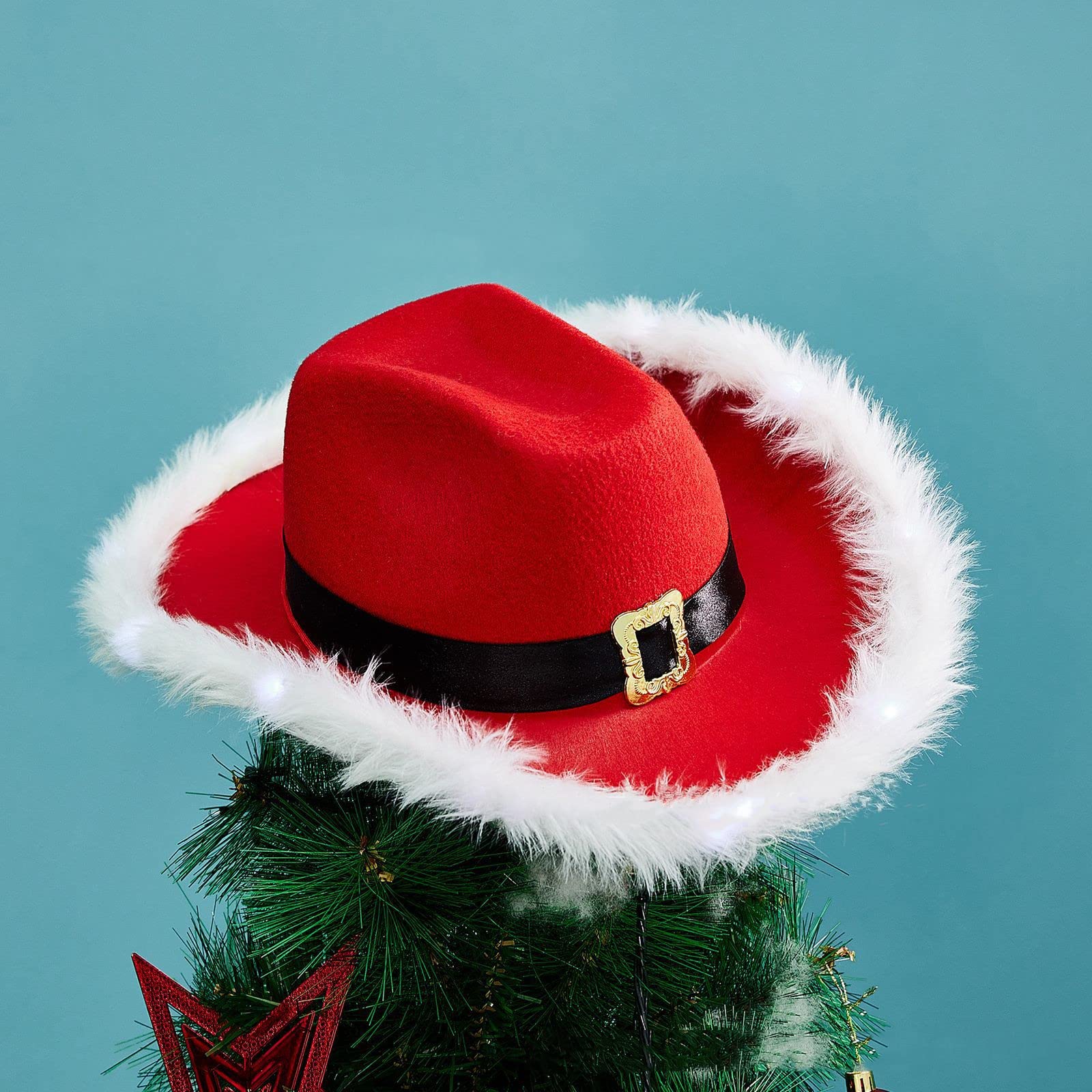 YADIRF red Santa hat with glowing brim seen in low light