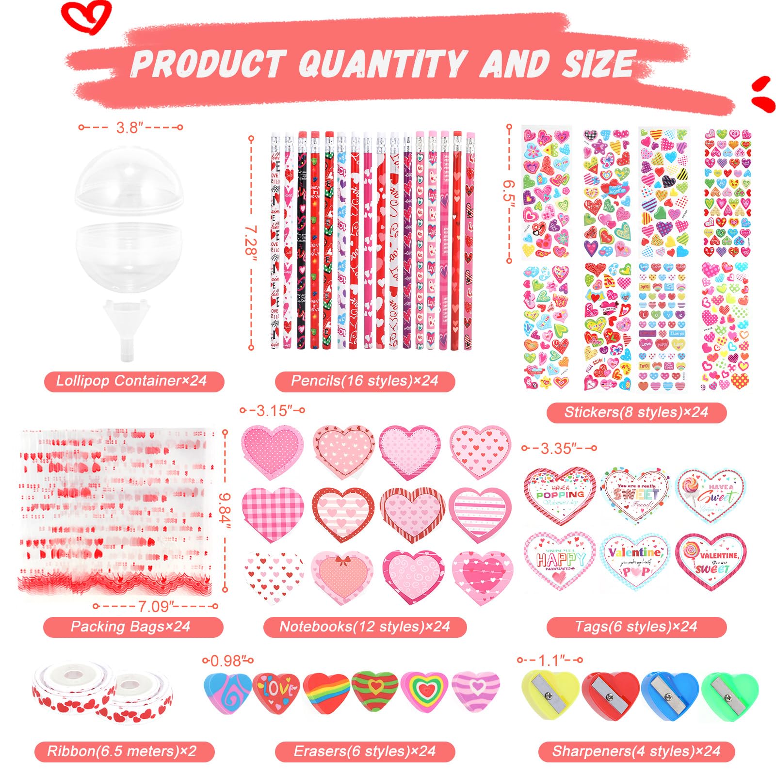Yaeyia Valentines lollipop-shaped gift set display with erasers and notebooks for party favors.