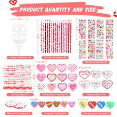 Yaeyia Valentines lollipop-shaped gift set display with erasers and notebooks for party favors.