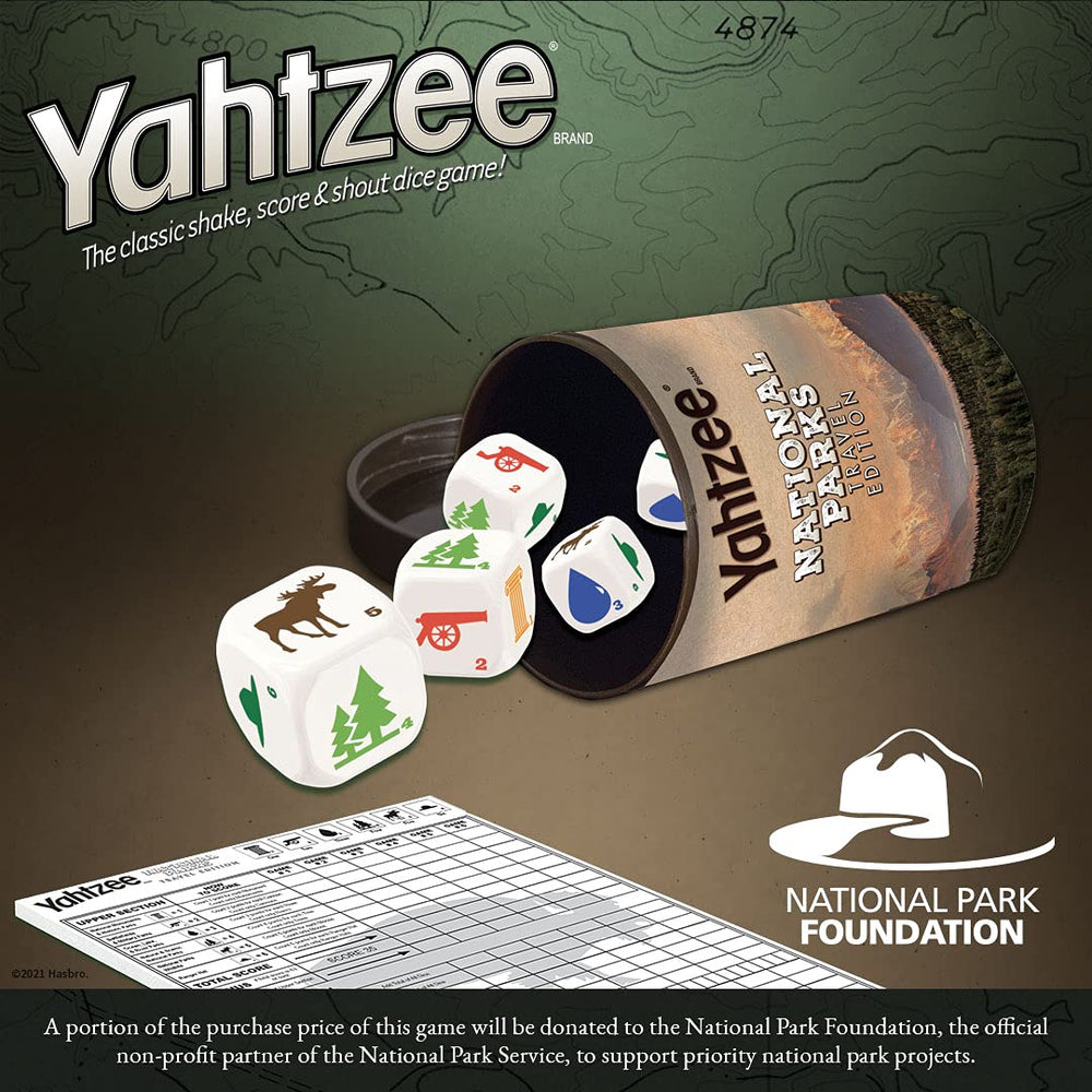 Yahtzee National Parks dice featuring binoculars for park exploration