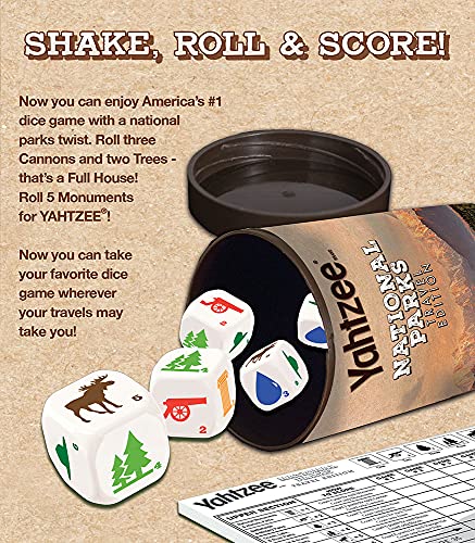 Yahtzee National Parks dice set with canoe icon for lakeside play