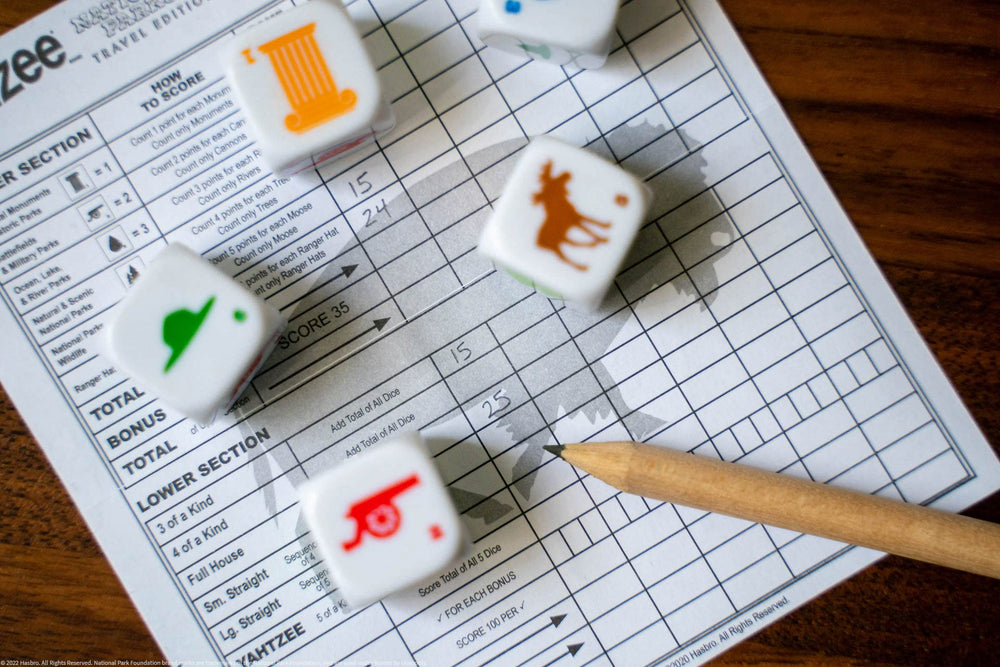 Yahtzee National Parks dice showing hiker icon for adventure rounds