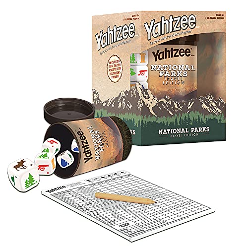 Yahtzee National Parks dice with tent icon for outdoor game nights