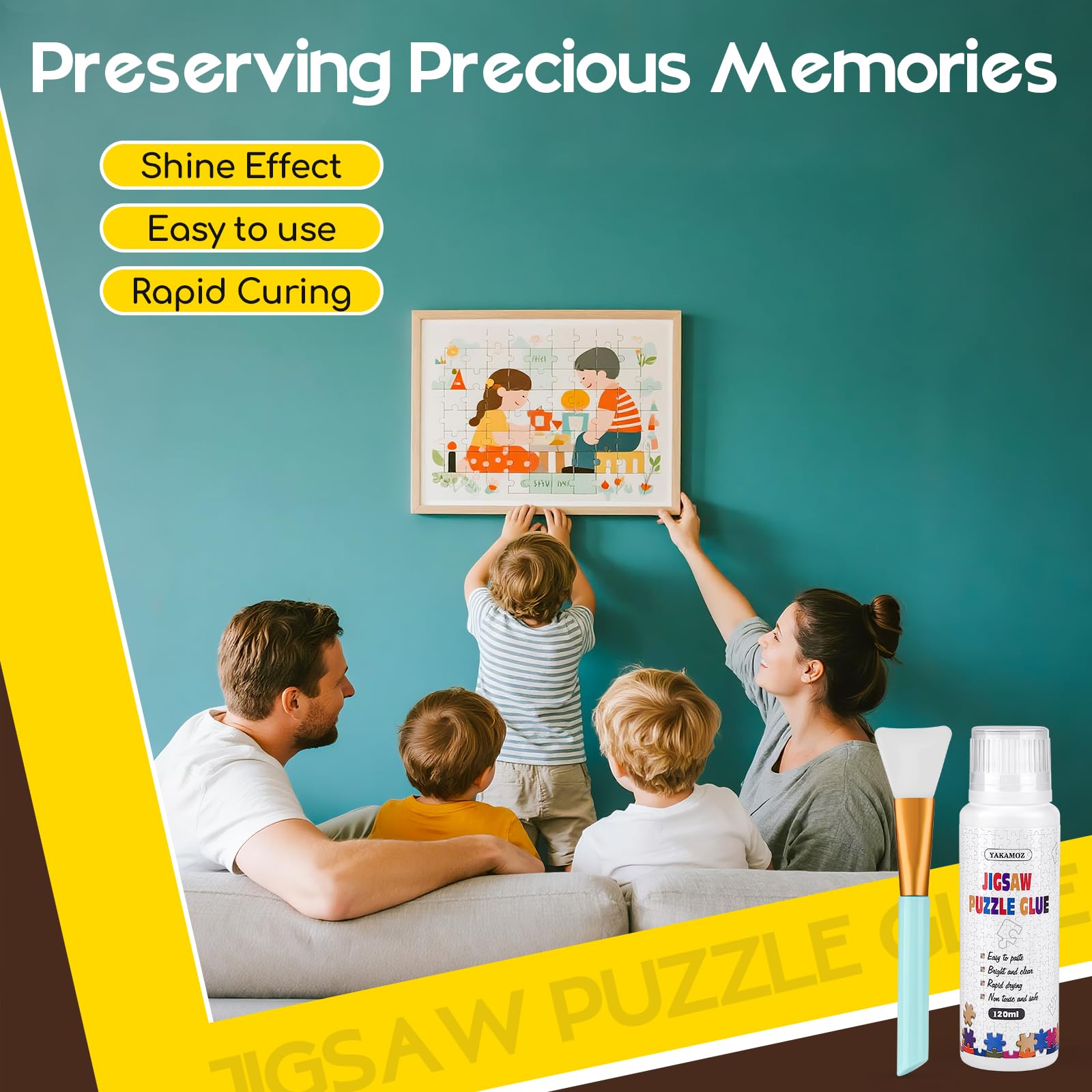 YAKAMOZ jigsaw glue drying with shiny, protected puzzle surface.