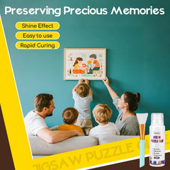 YAKAMOZ jigsaw glue drying with shiny, protected puzzle surface.