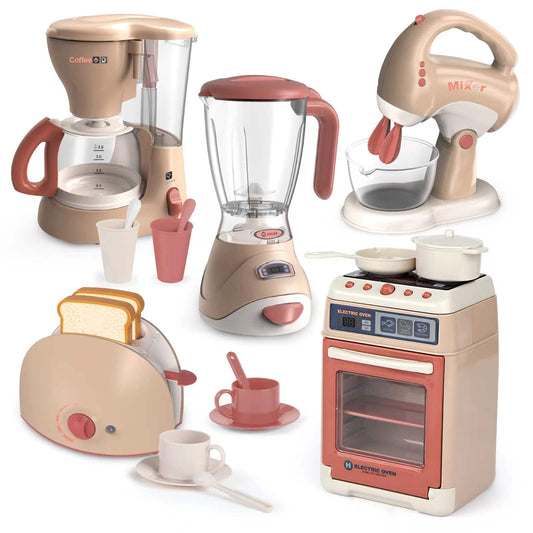Yalujumb Play Kitchen coffee maker with lights for imaginative pretend play.