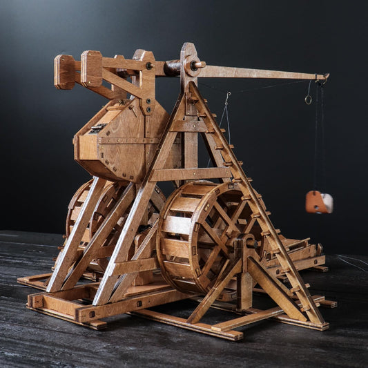 YAQUMW medieval trebuchet model on a desk to inspire learning