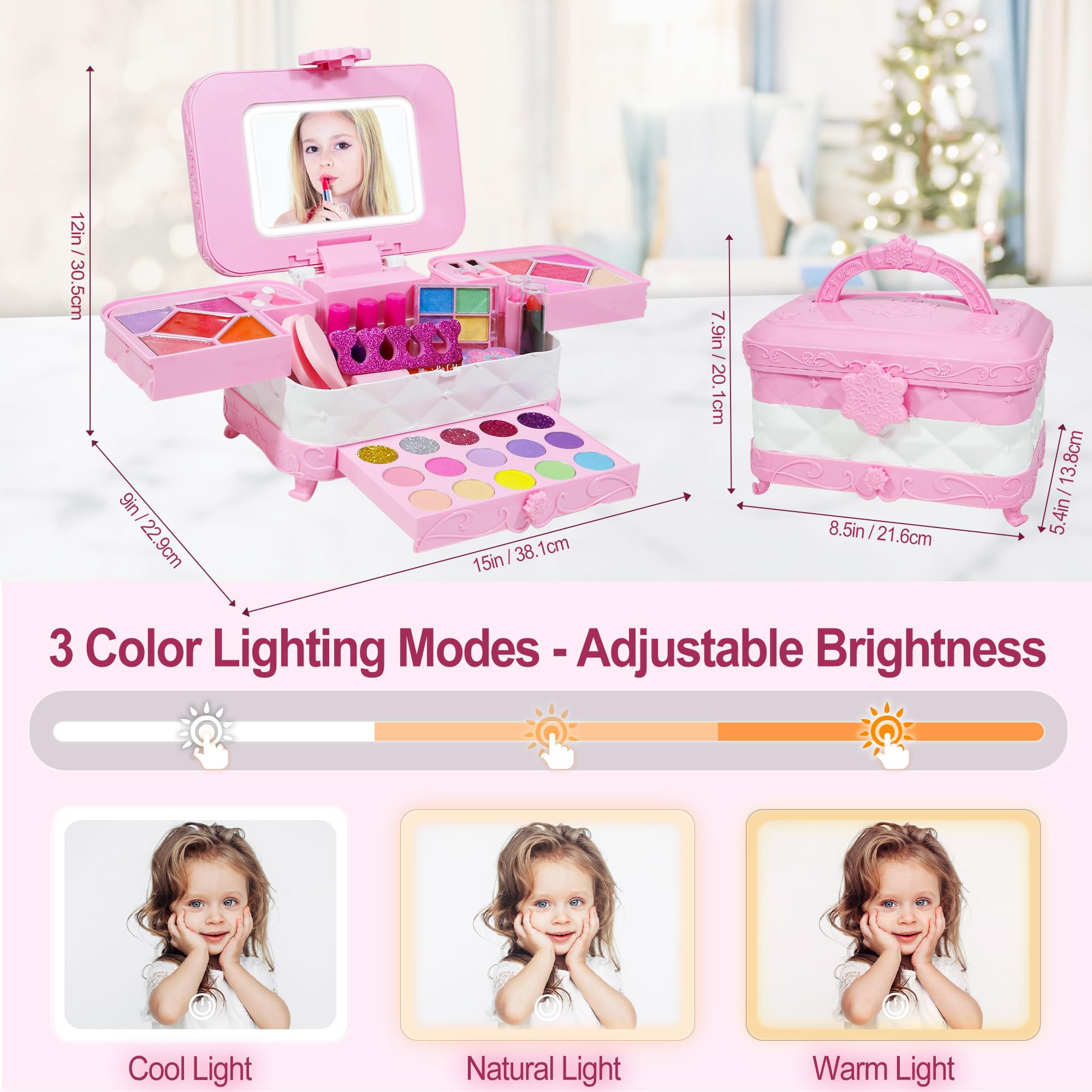 Close-up of eyeshadow palette and brushes for colorful, kid-friendly makeup sessions.