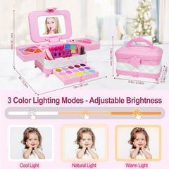 Close-up of eyeshadow palette and brushes for colorful, kid-friendly makeup sessions.