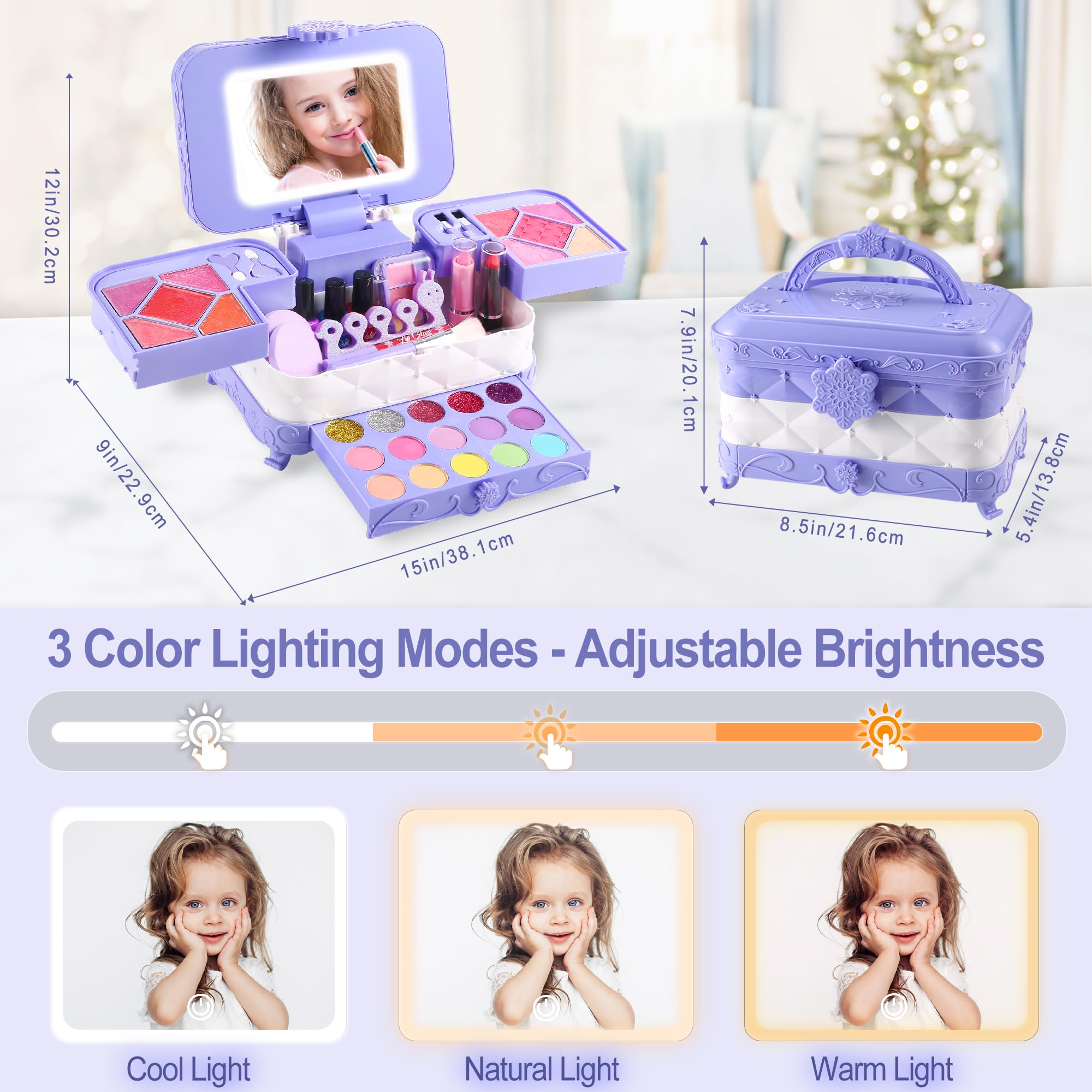 YasinKidz LED makeup mirror close-up with three color modes for customized lighting.