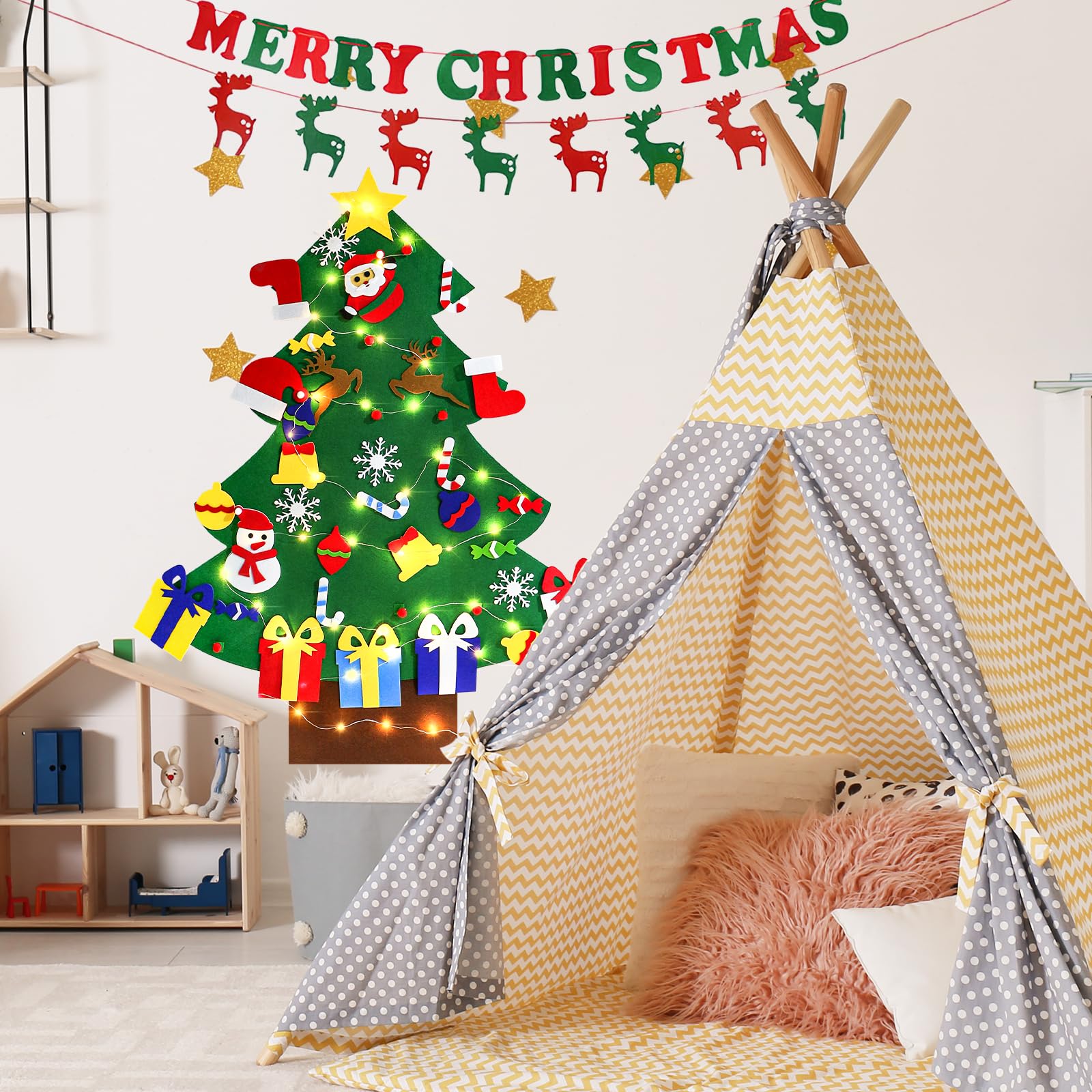 Yazi elk banner creates festive woodland vibes for holidays.