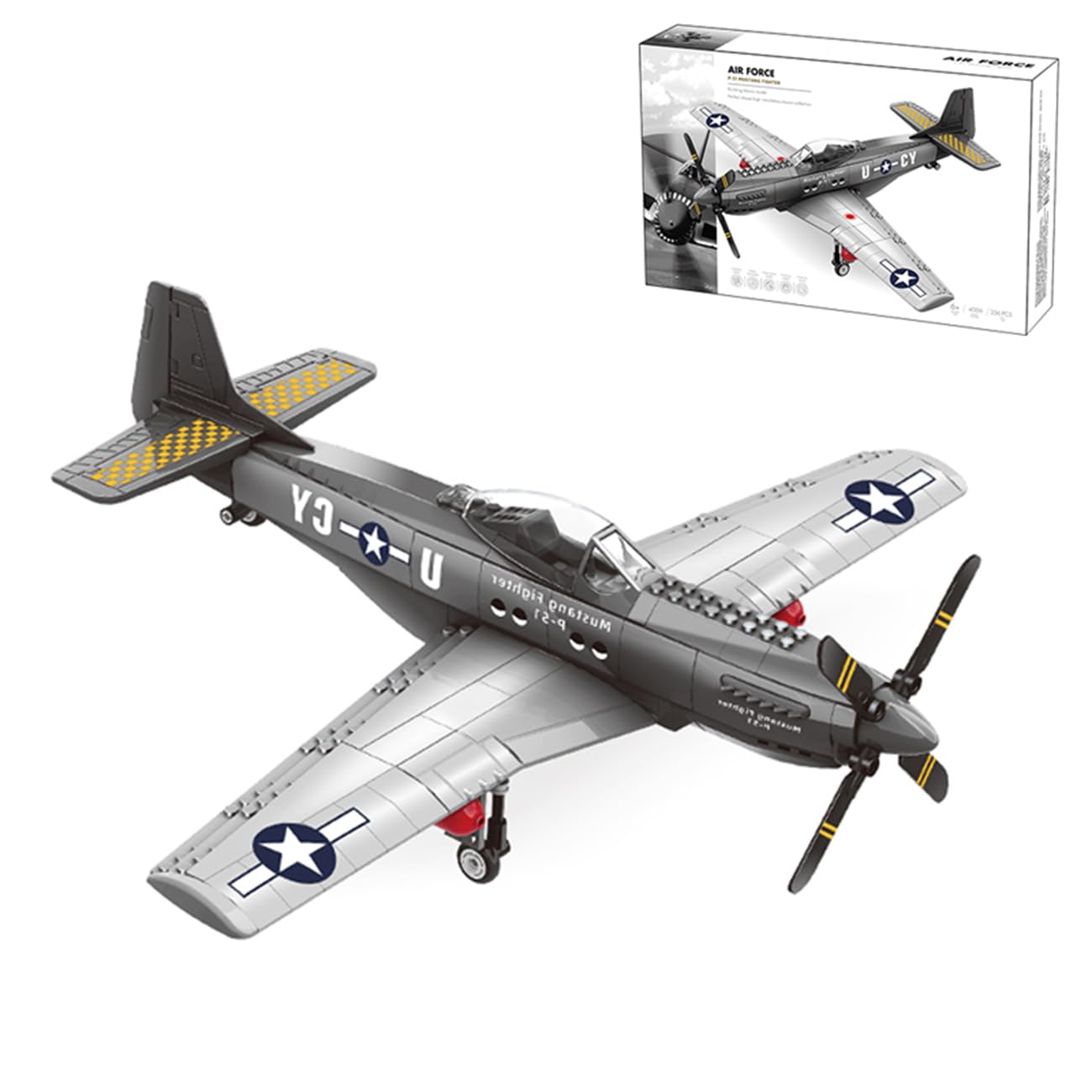 YBLOCK P51 Mustang assembly shows detailed bricks for creative building.
