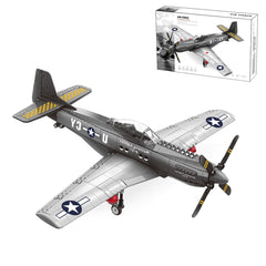 YBLOCK P51 Mustang assembly shows detailed bricks for creative building.