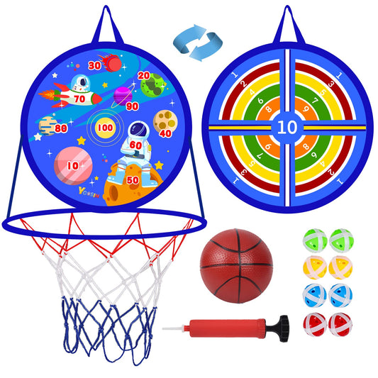 Ycosin 2-in-1 dart board and basketball hoop for indoor or outdoor play.