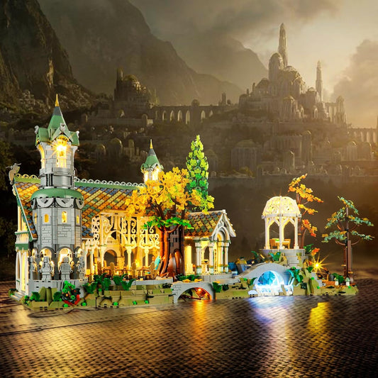 YEABRICKS Rivendell LED kit front view lighting enhances display with warm, museum-grade glow.