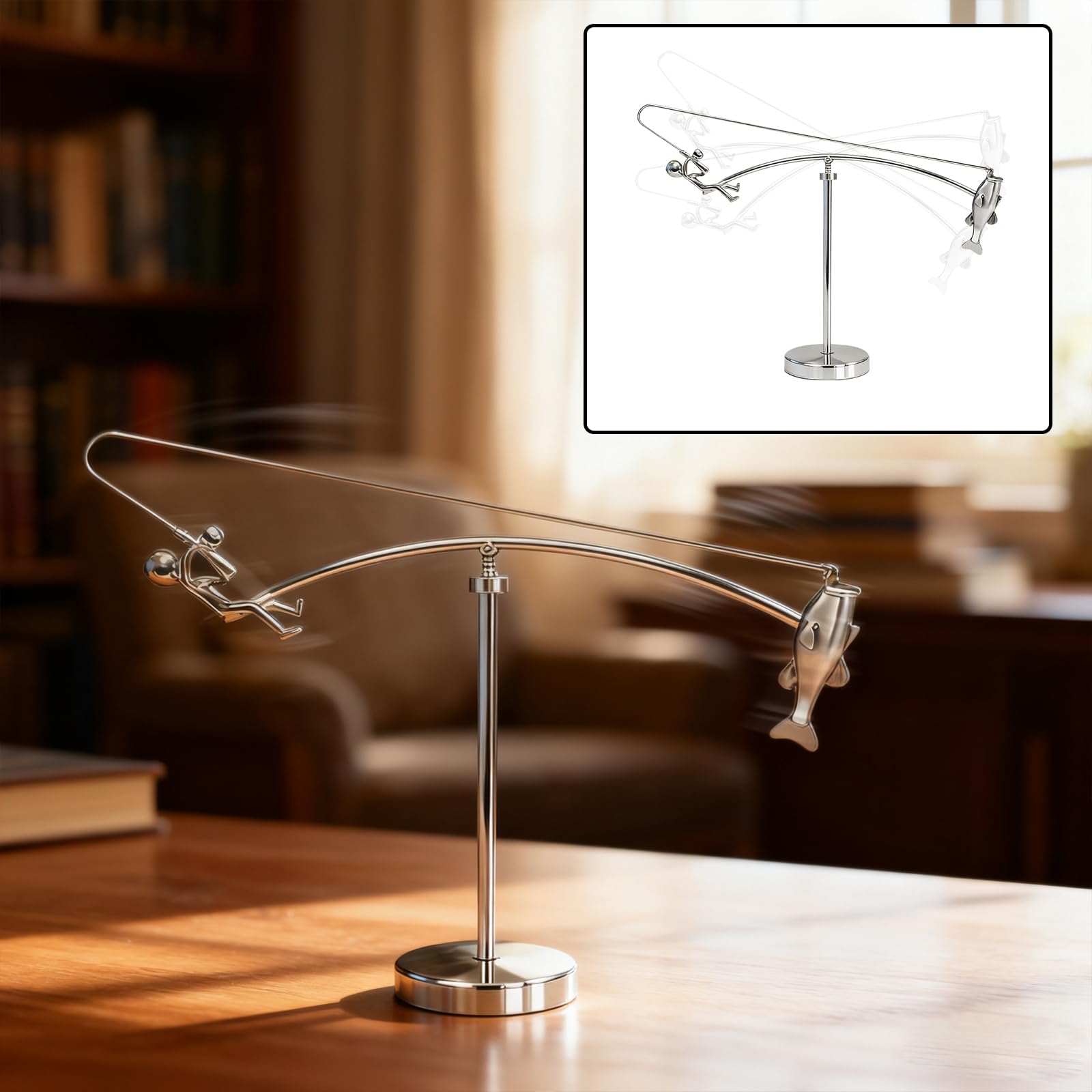 YEAfEAti Fisherman Balancing Sculpture desk scene showing calming kinetic art ambiance