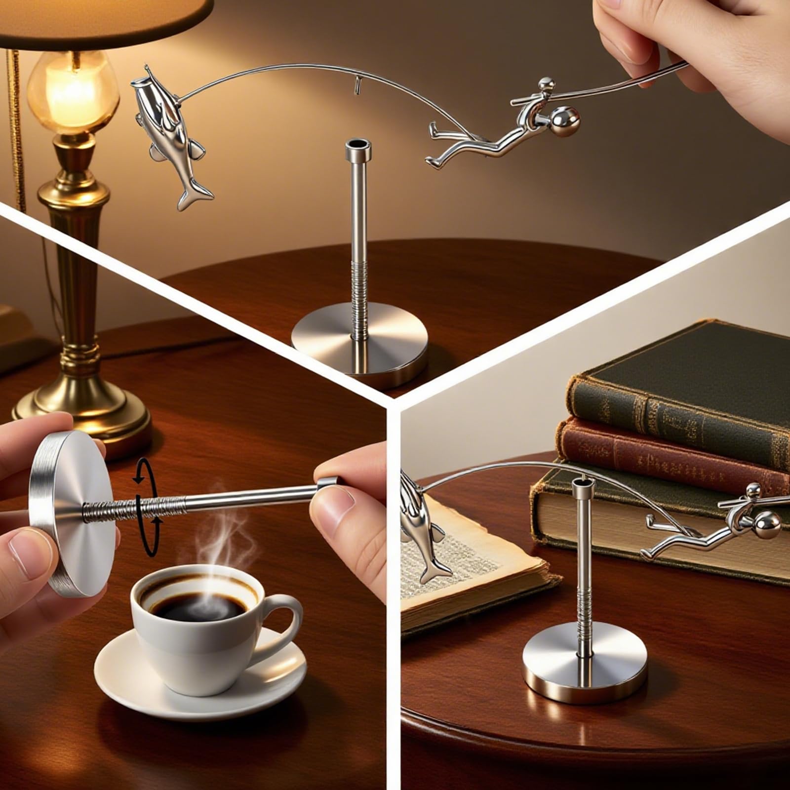 YEAfEAti Fisherman Balancing Sculpture top-angle view emphasizing sleek stainless steel finish