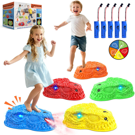 YEE BY ONE dinosaur stepping stones with LED lights and mist for engaging sensory play.