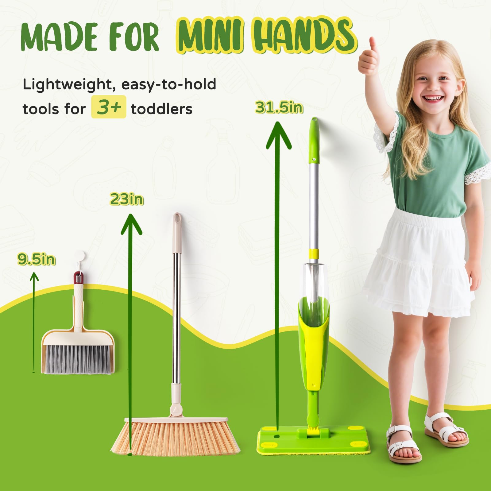 Yeeammk Kids Cleaning Toy Set dustpan promotes tidy-up play and motor skills.