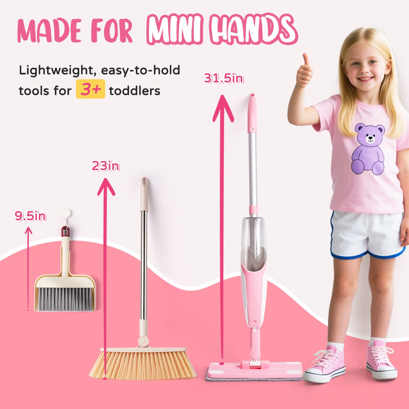 Yeeammk pink broom and dustpan for pretend house chores.