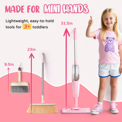 Yeeammk pink broom and dustpan for pretend house chores.