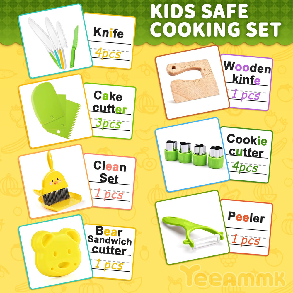 Yeeammk kids kitchen tools laid out, durable BPA-free utensils for small hands