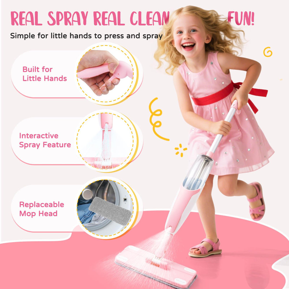 Yeeammk mini spray mop pink action demonstrates real spray fun for toddlers.