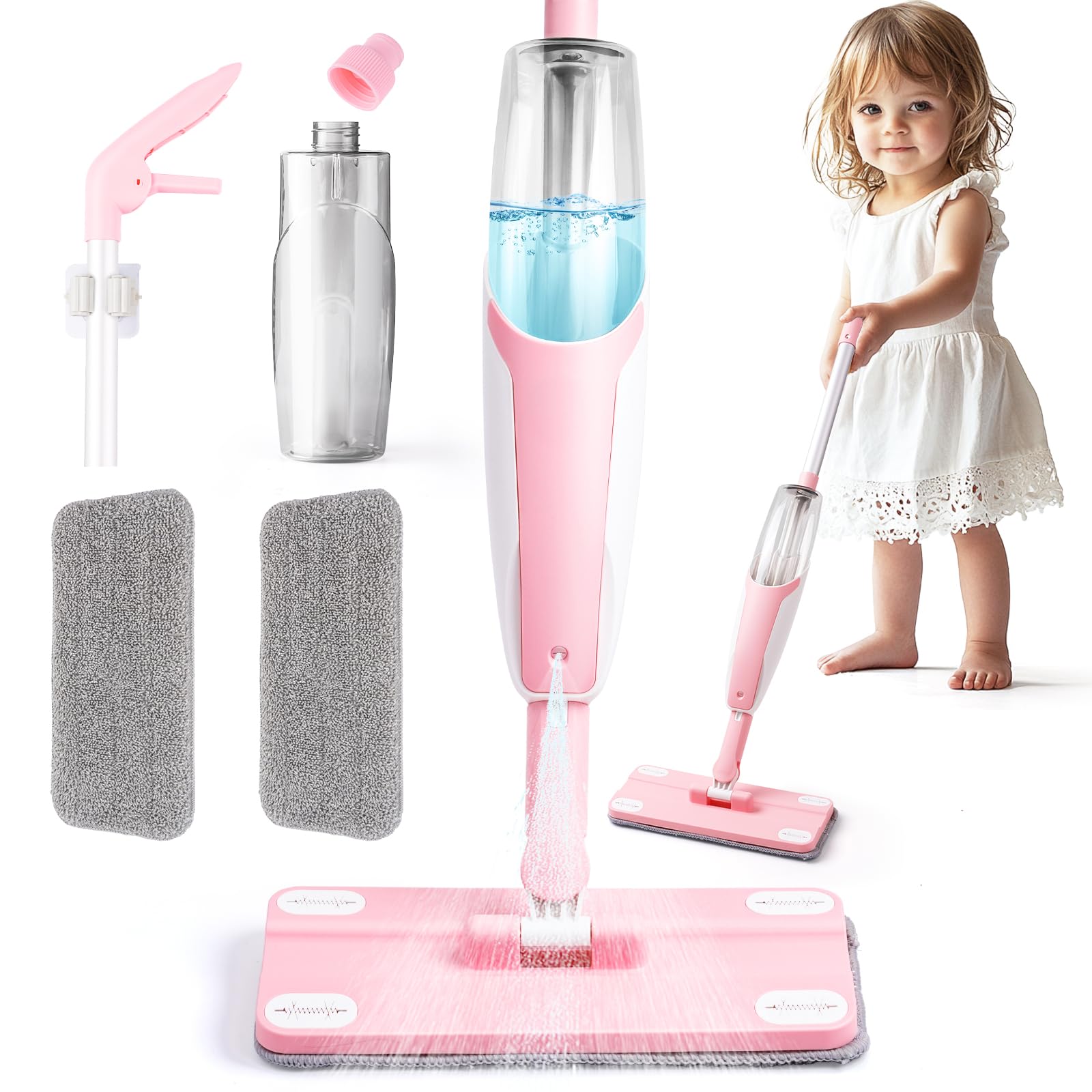 Yeeammk pink mini spray mop handle eases grip for tiny hands during pretend chores.
