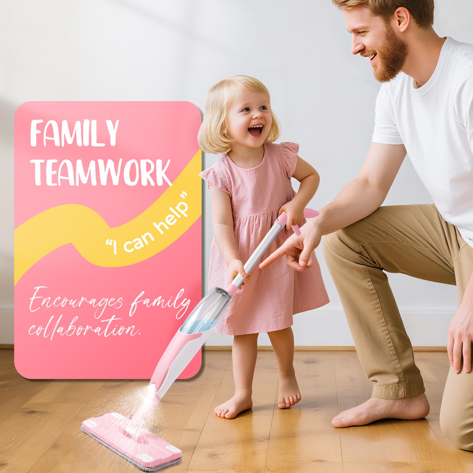 Yeeammk pink mini spray mop in playroom adds color and imaginative responsibility.