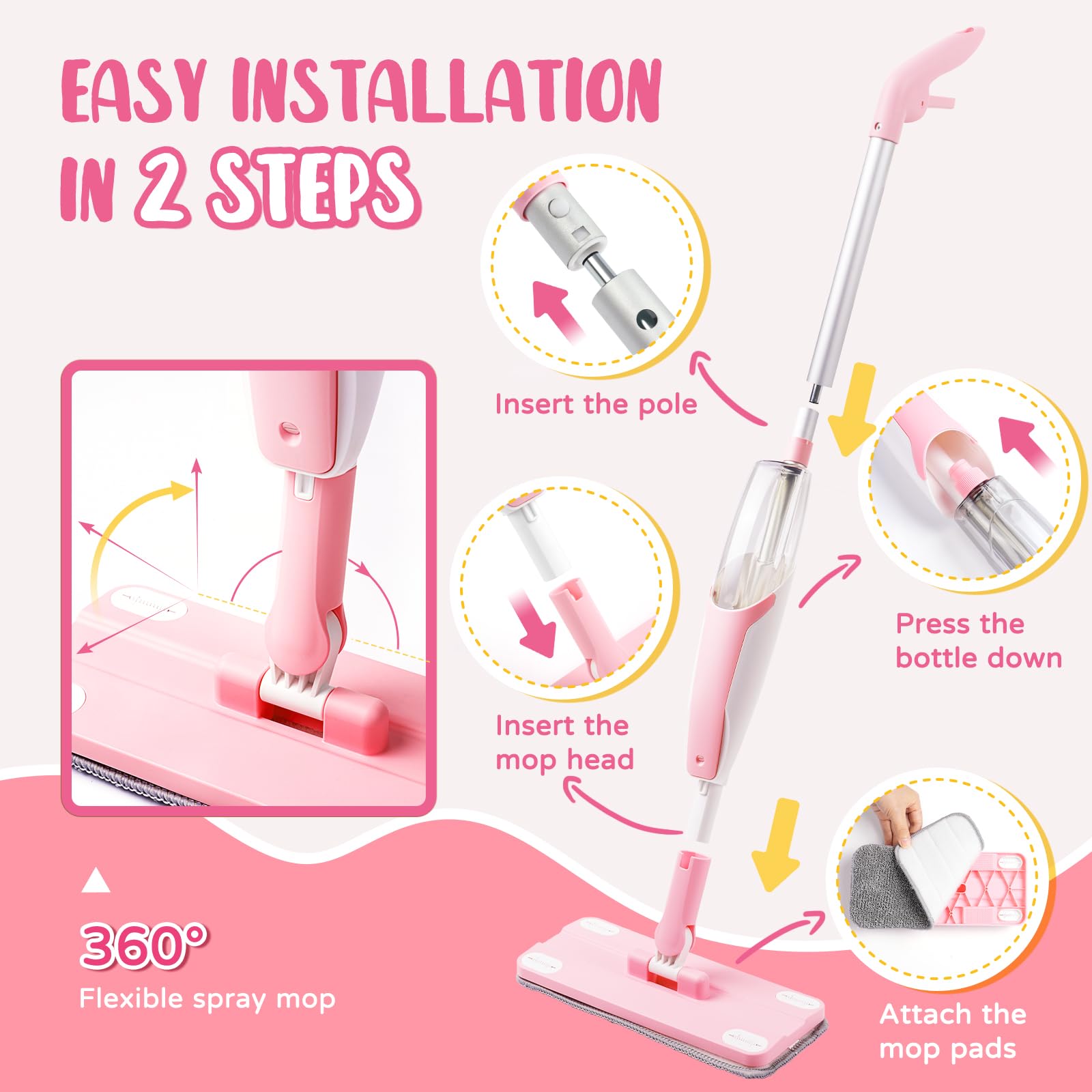 Yeeammk pink mini spray mop user-friendly design supports toddlers learning through play.