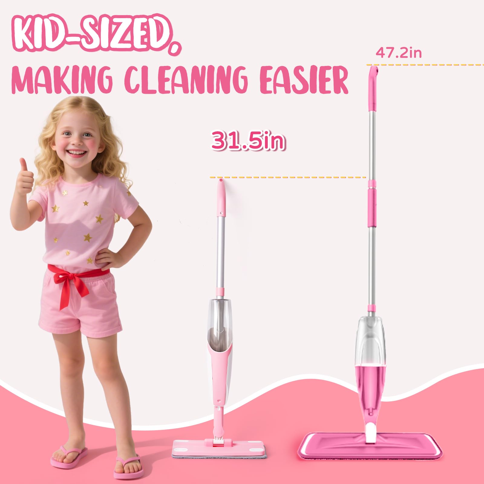 Yeeammk pink mini spray mop toy broom completes a kid-sized cleaning set for role play.
