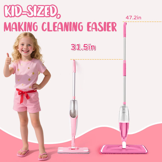 Yeeammk pink mini spray mop toy broom completes a kid-sized cleaning set for role play.
