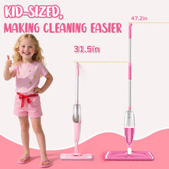 Yeeammk pink mini spray mop toy broom completes a kid-sized cleaning set for role play.