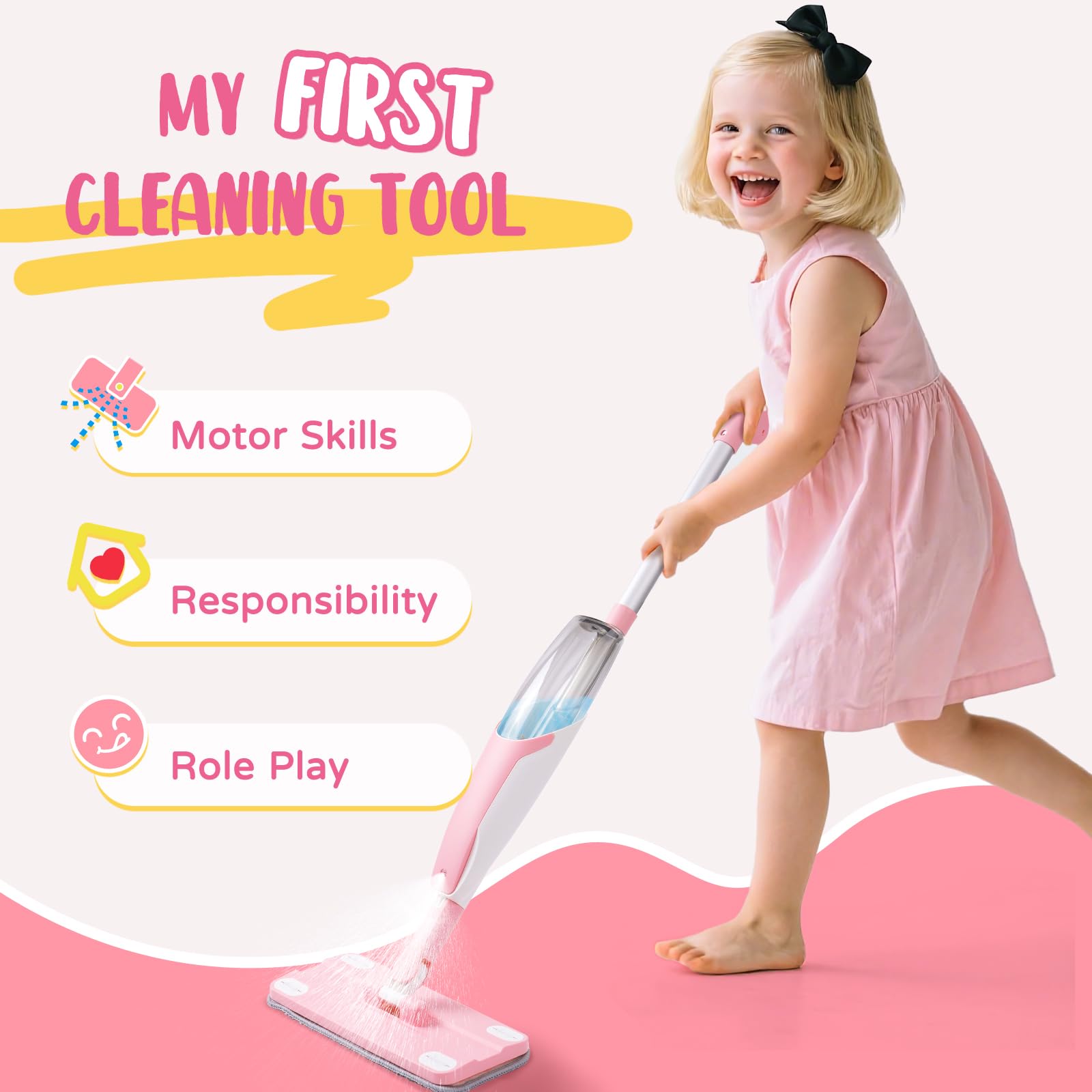Yeeammk pink mini spray mop set shows durable, non-toxic materials for energetic play.