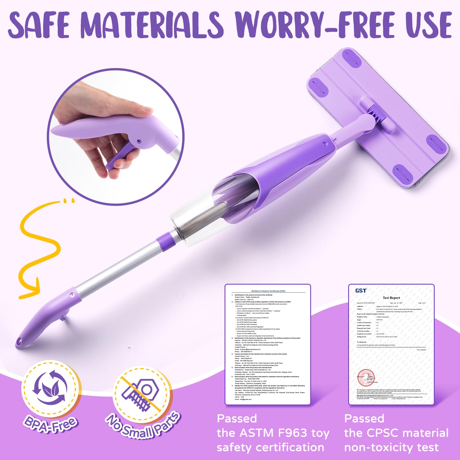 Yeeammk Purple Mini Spray Mop made of child-safe plastic for durable toddler use.