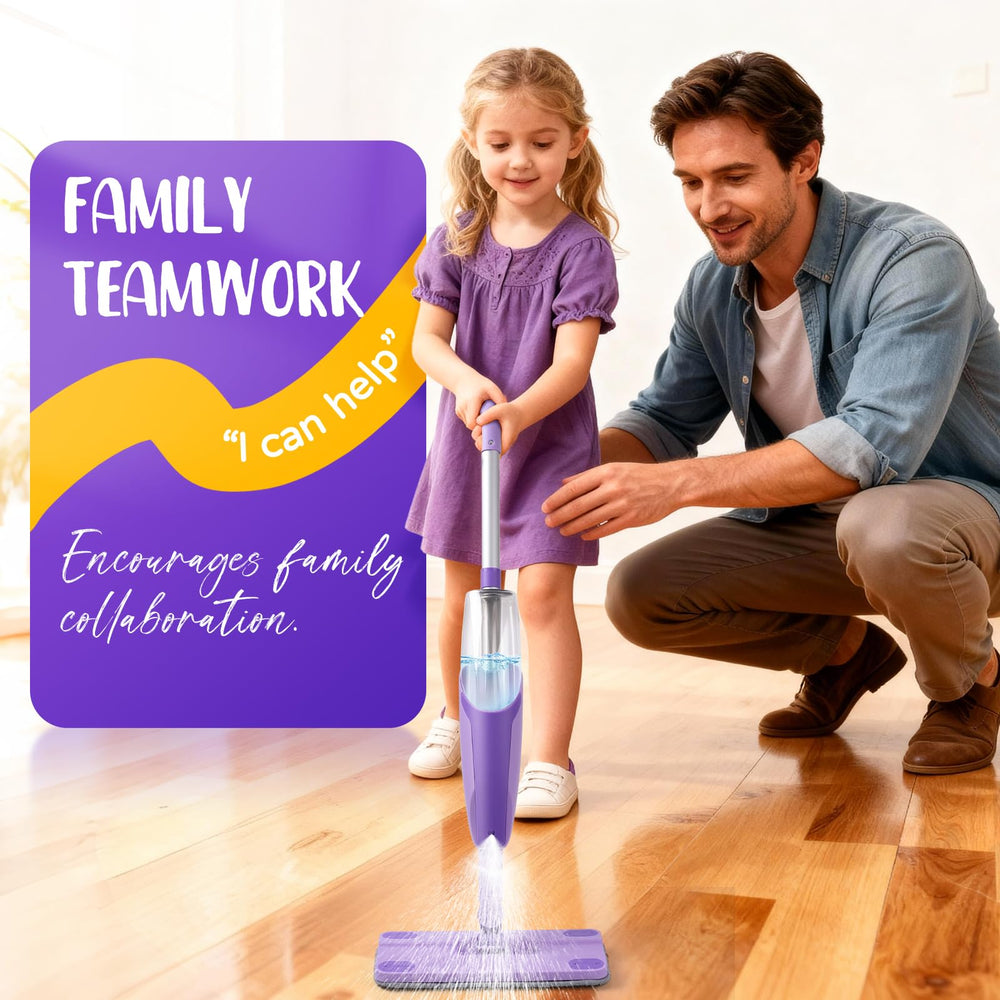 Yeeammk Purple Mini Spray Mop in a dramatic play setup encouraging household chore mimicry.