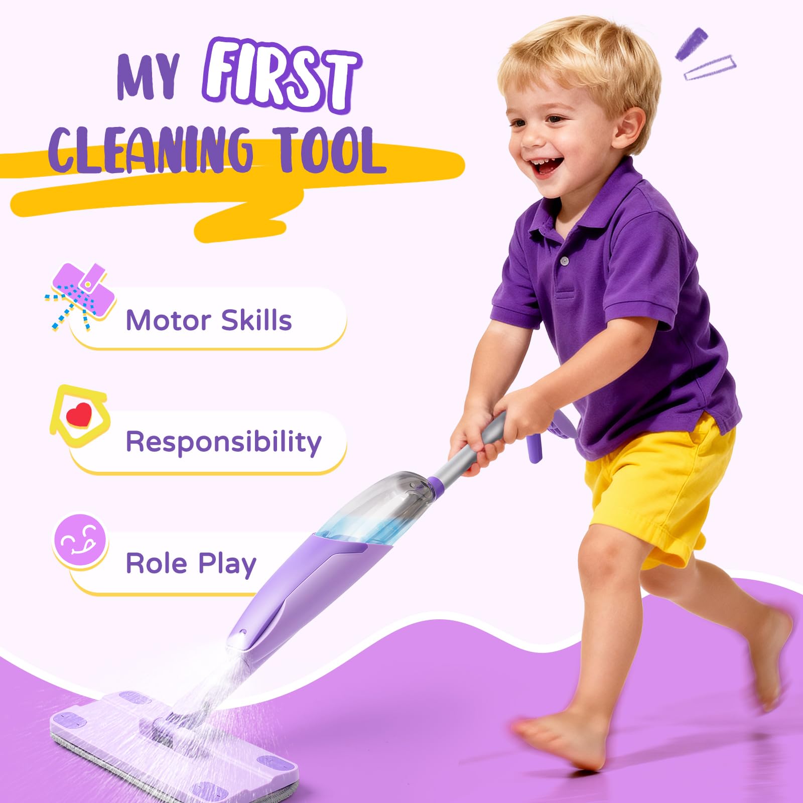 Yeeammk Purple Mini Spray Mop showing realistic spray action for pretend cleaning play.
