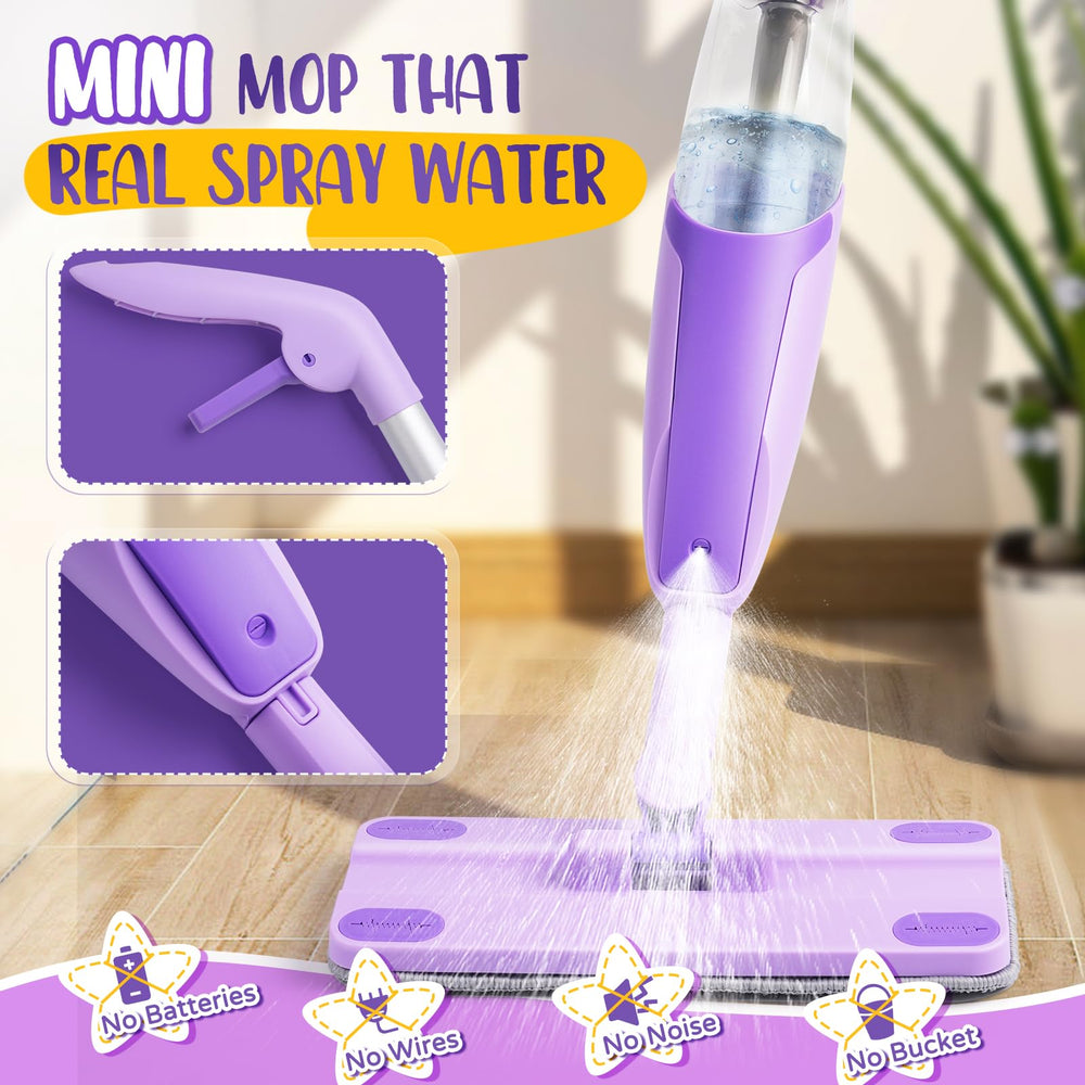 Yeeammk Purple Mini Spray Mop with toddler broom-and-mop combo for coordinated play.