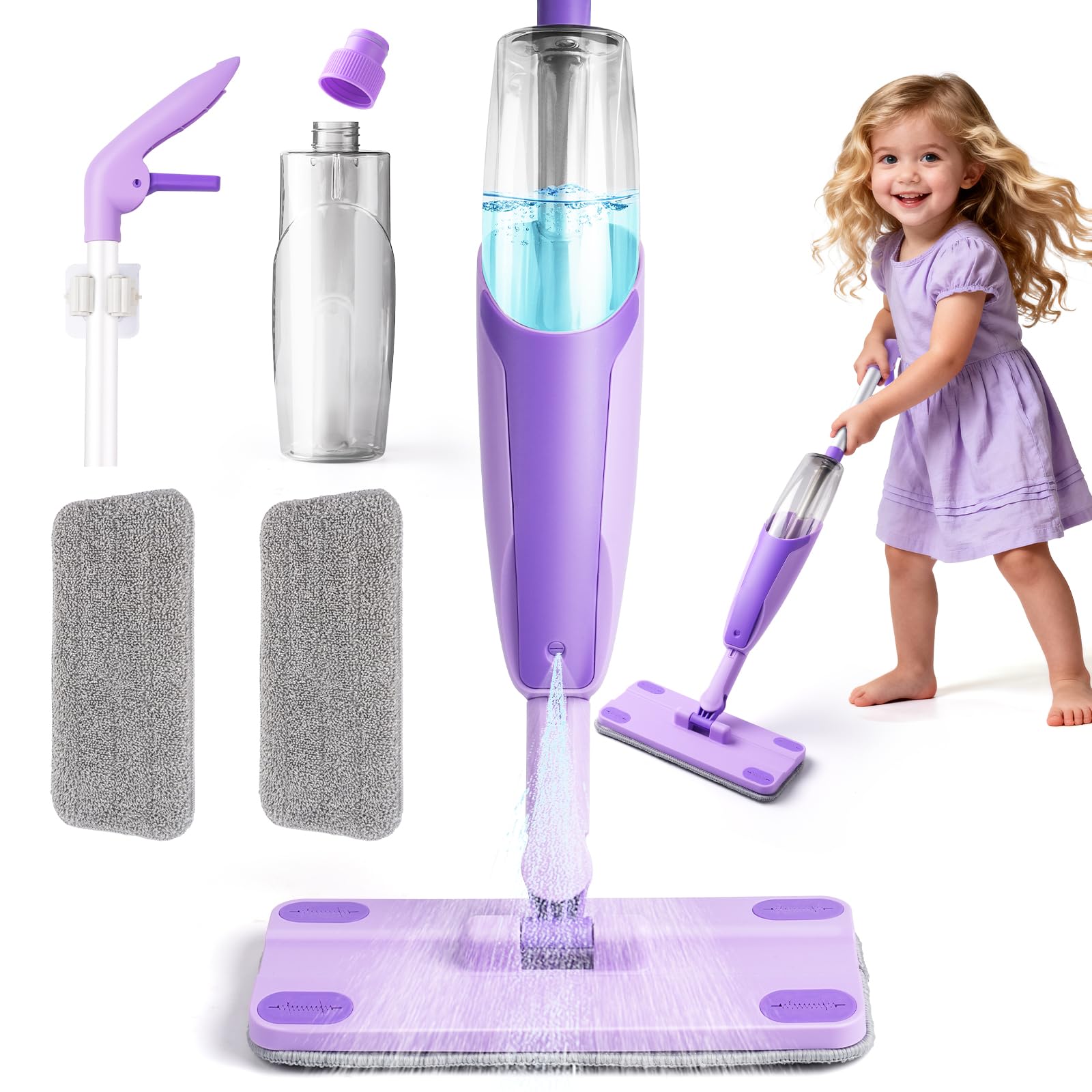 Yeeammk Purple Mini Spray Mop with a toddler-friendly handle for easy grip during pretend play.