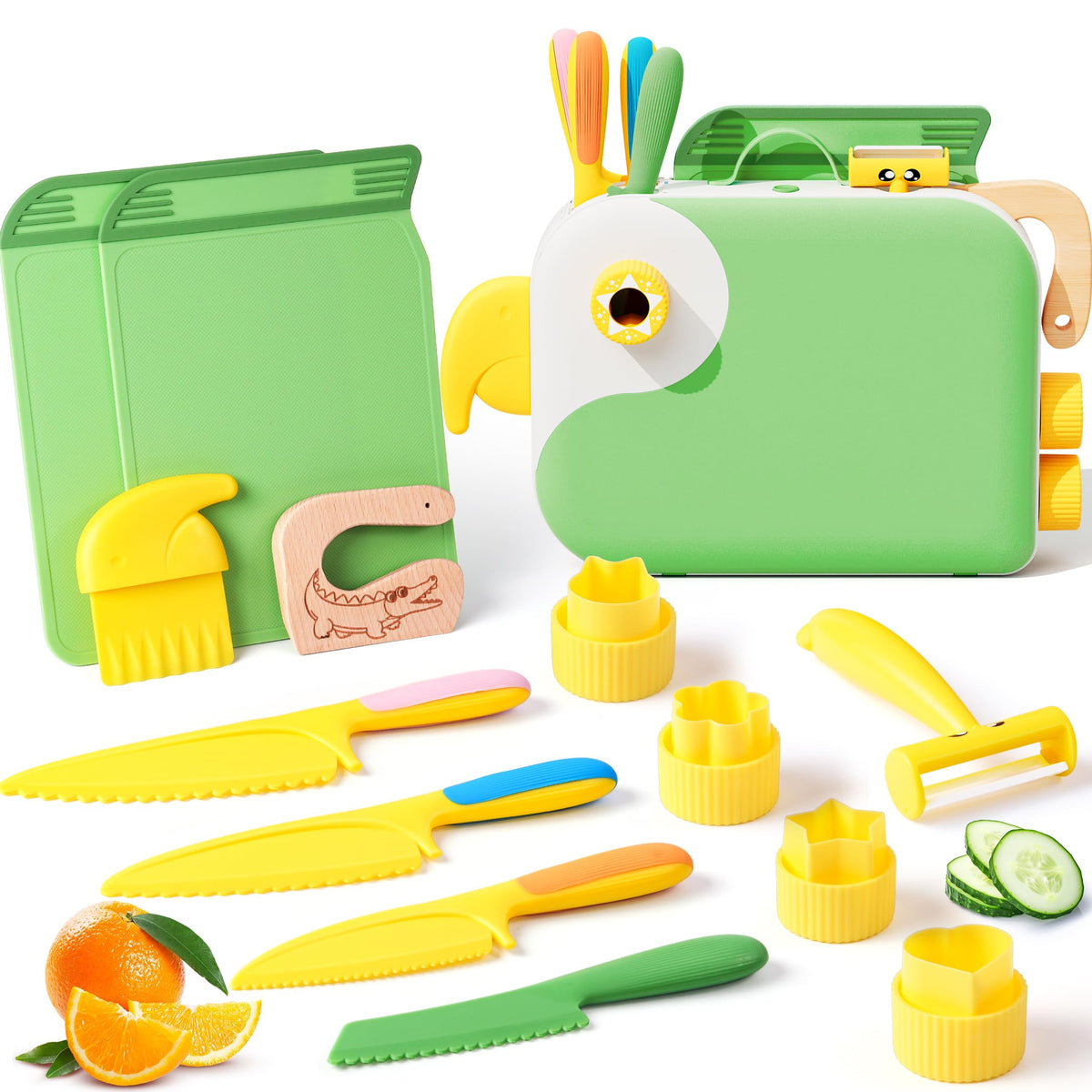 Yeeammk toddler cooking set stored in a bird-shaped box promotes organized play.
