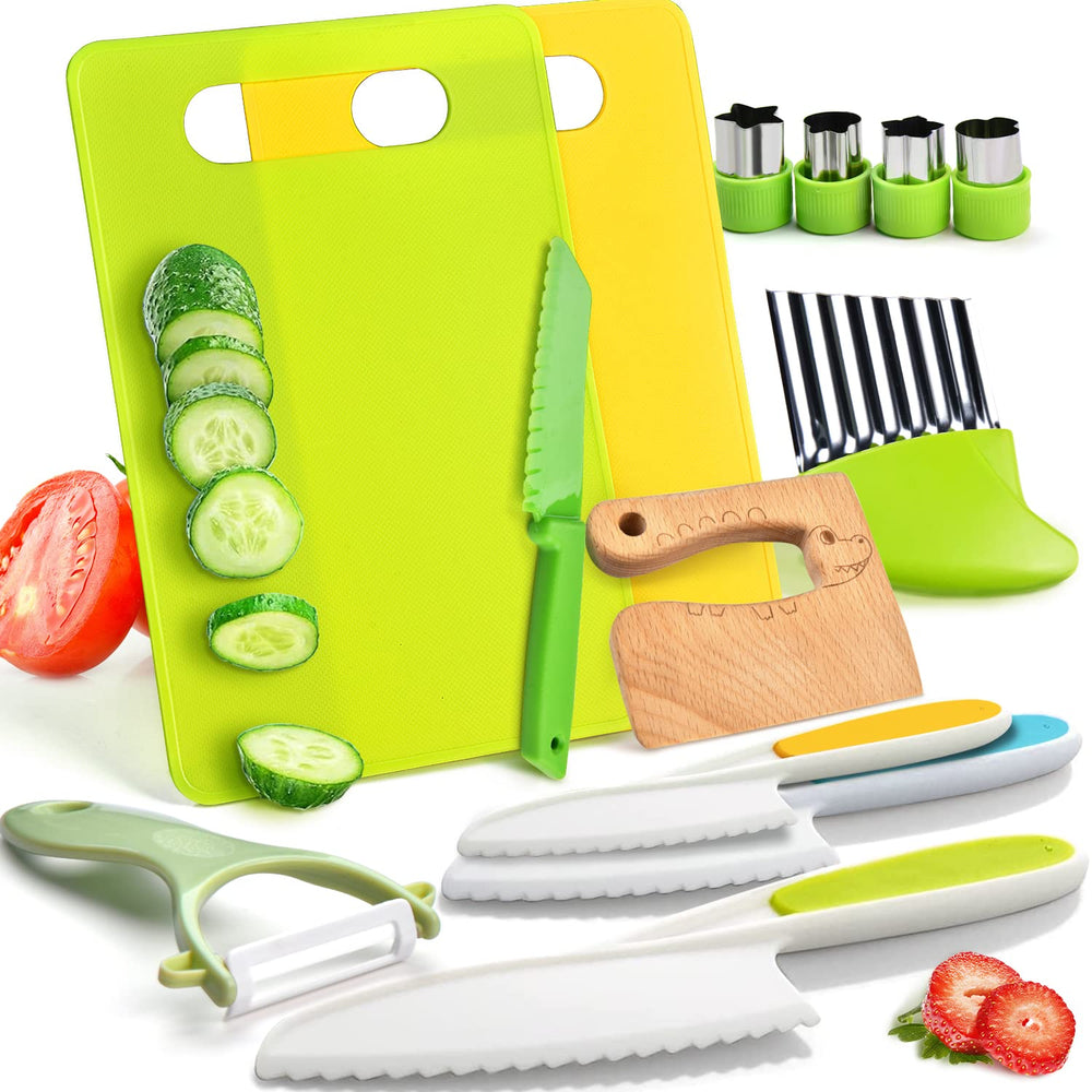 Yeeammk wooden kids knife set for safe pretend play and real chopping practice.