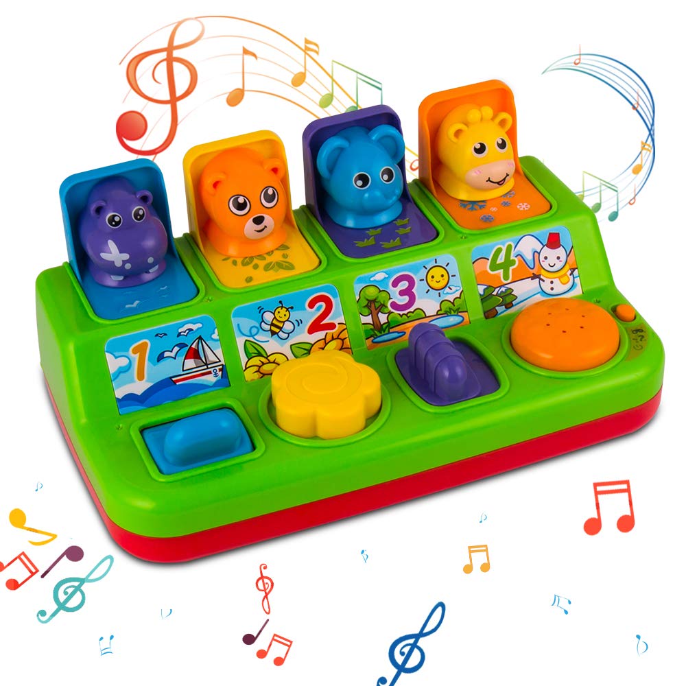 YEEBAY pop-up animals toy button push builds fine motor skills and cause-and-effect awareness.