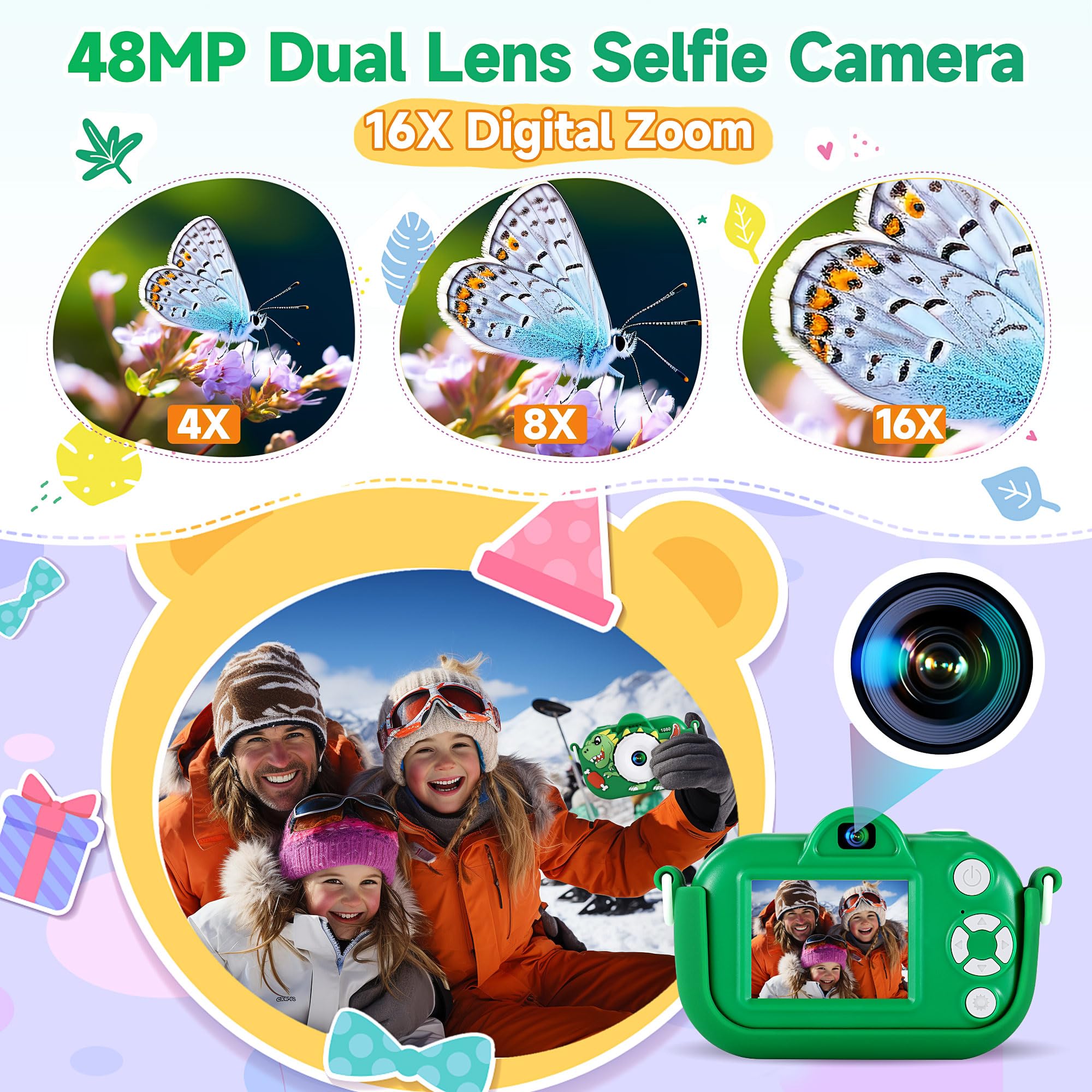 YEEHAO Kids Camera 16x zoom enables close-up exploration of far objects.