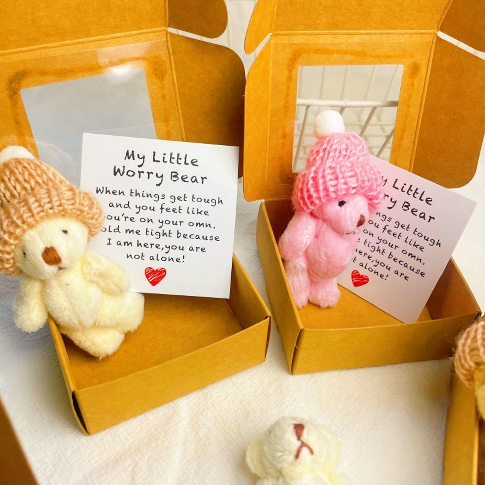 Yeesam worry bear in box with card visible — thoughtful morale boost for students.