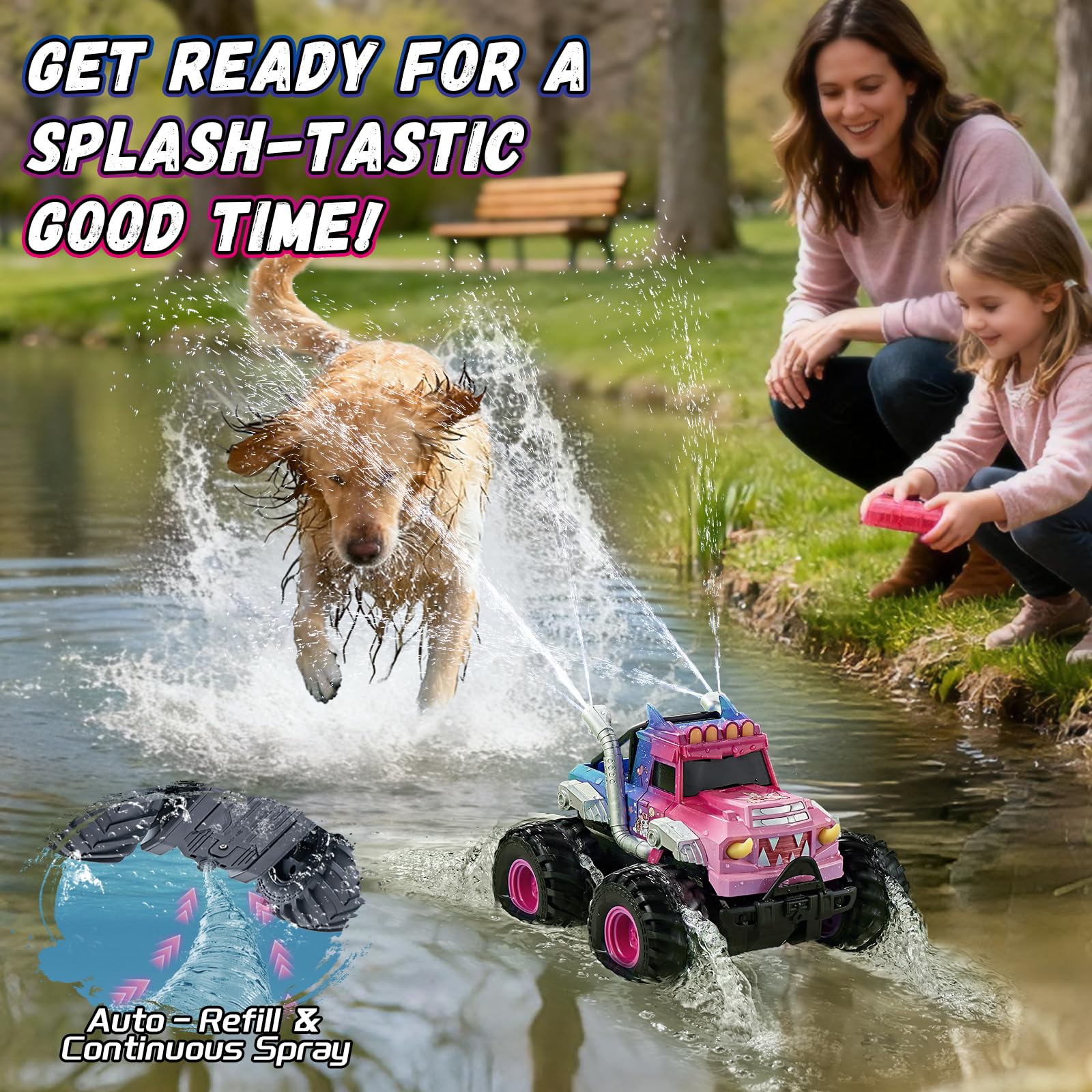 YEESWOOQI pink monster truck performing a 360° spin.