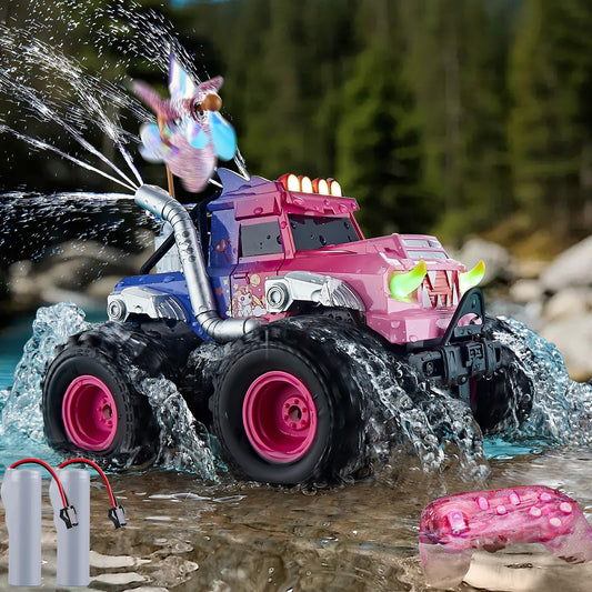 YEESWOOQI pink monster truck with LED lights for day and night fun.