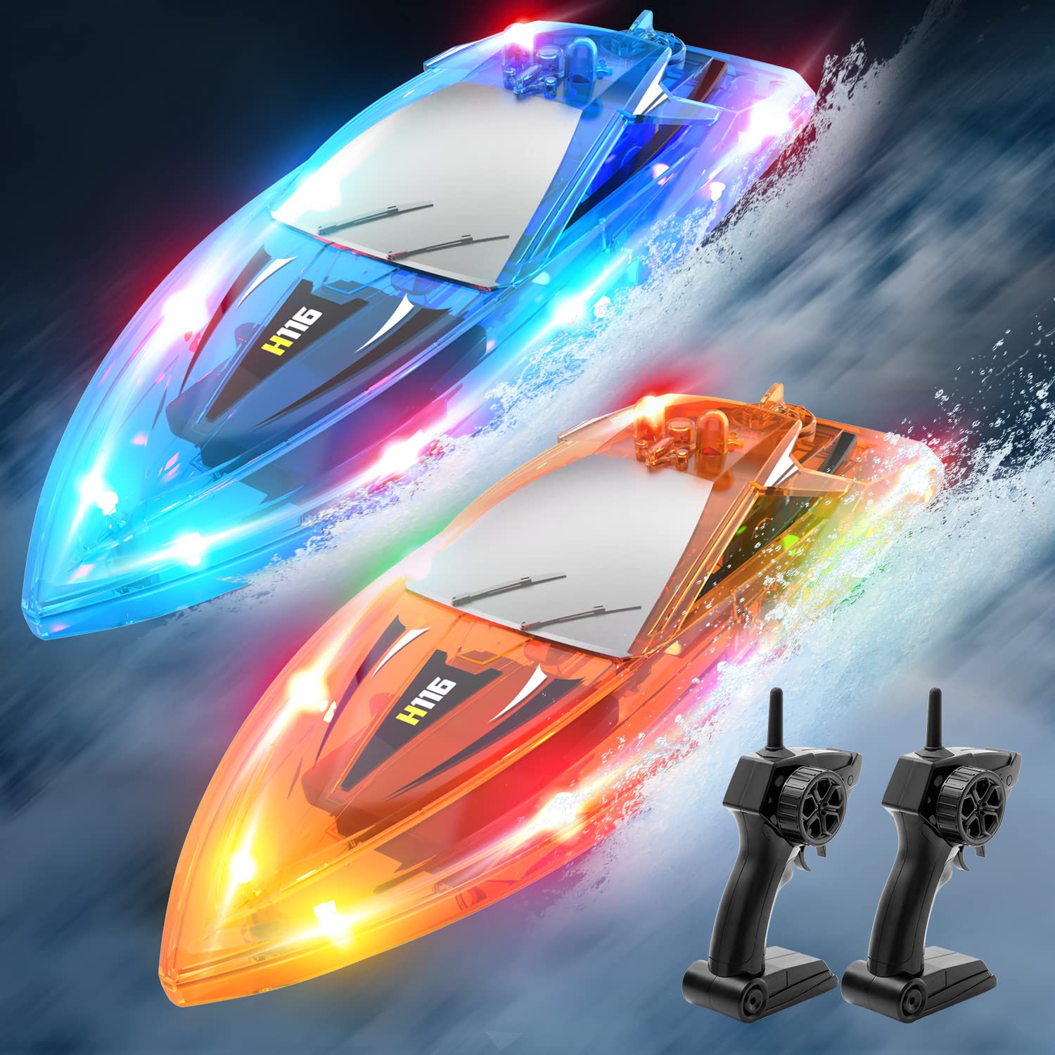 YEETFTC LED RC boat front view with bright night lights for pool play.