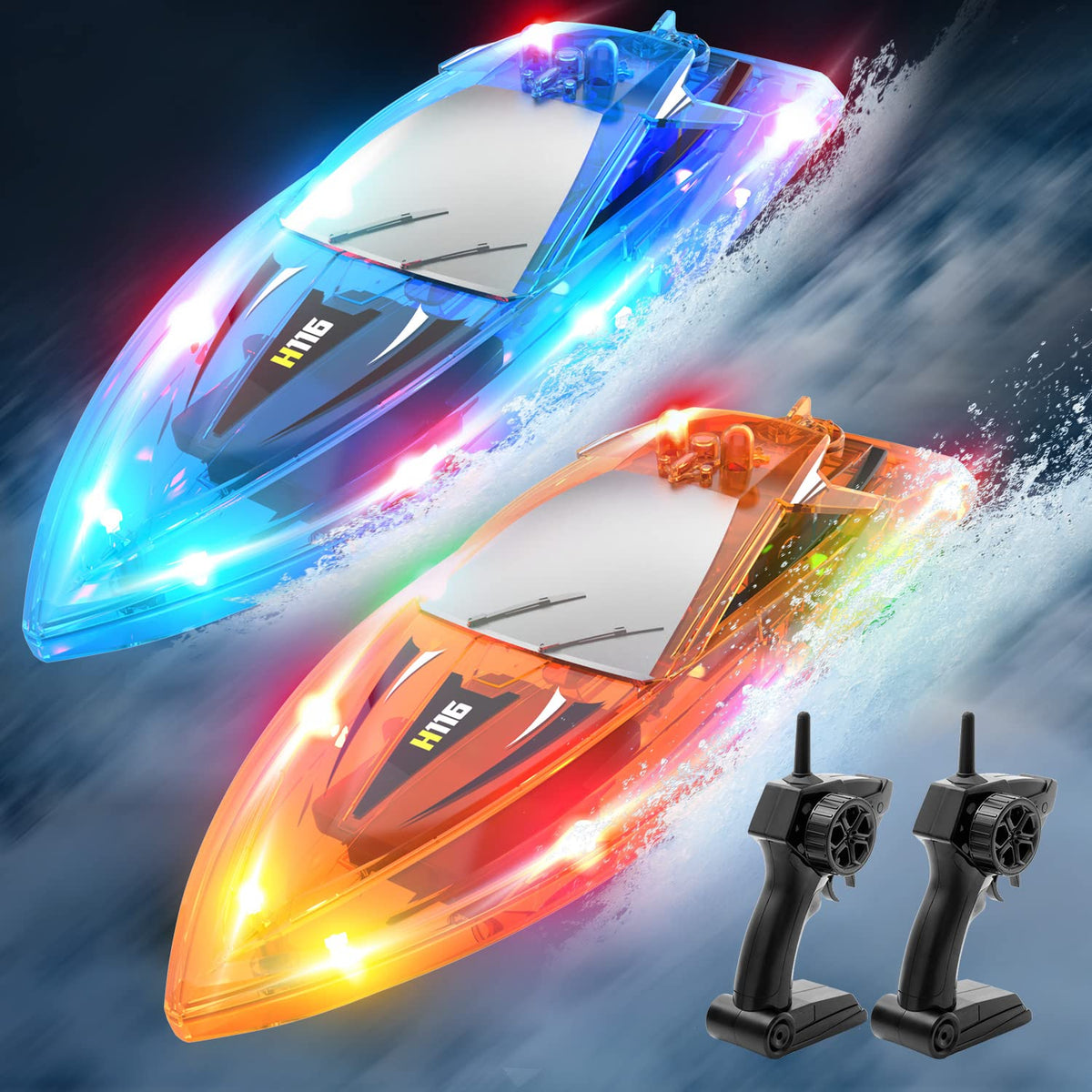 YEETFTC LED RC boat front view with bright night lights for pool play.