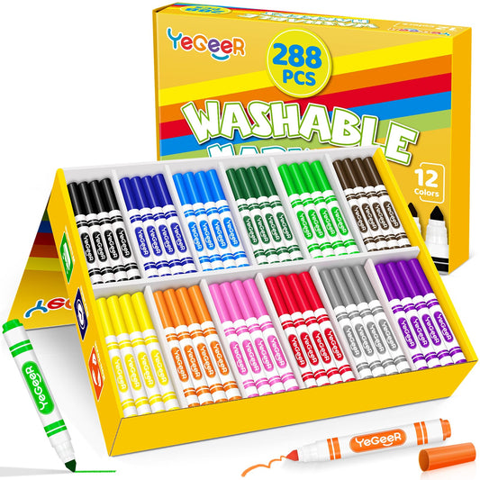YEGEER 288-count washable markers bulk set arranged in a box for classroom use