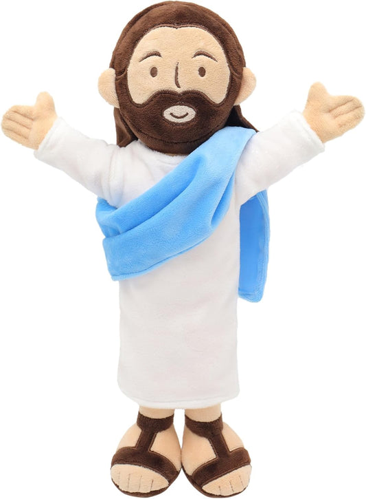 Yelakey 13-inch Jesus plush front view, a comforting prayer companion.